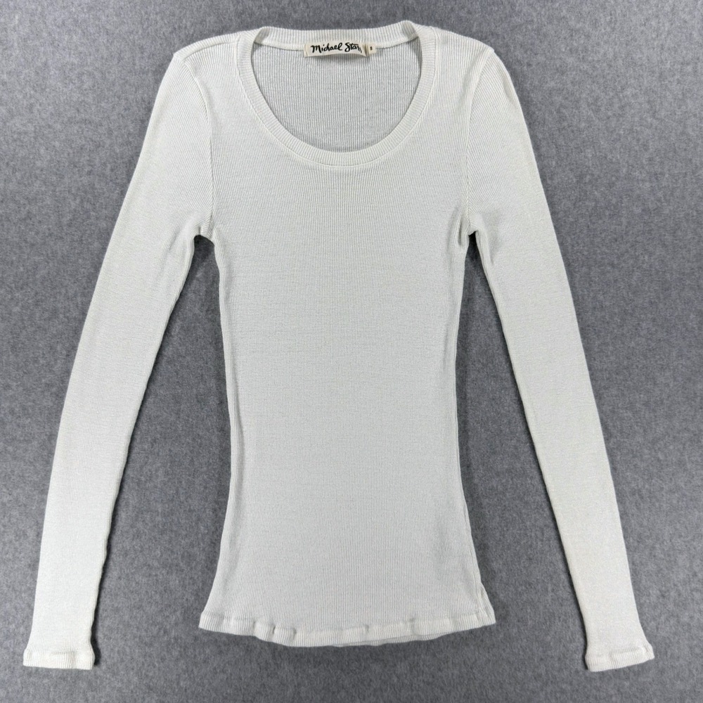 Michael Stars Womens Ribbed Thermal Long Sleeve Scoop Neck Top Cream White
